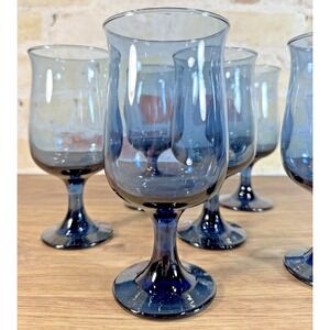 Vintage Hand Blown Blue Glass Water Wine Goblet 6.5" Set  5 Tulip Stem 1970s